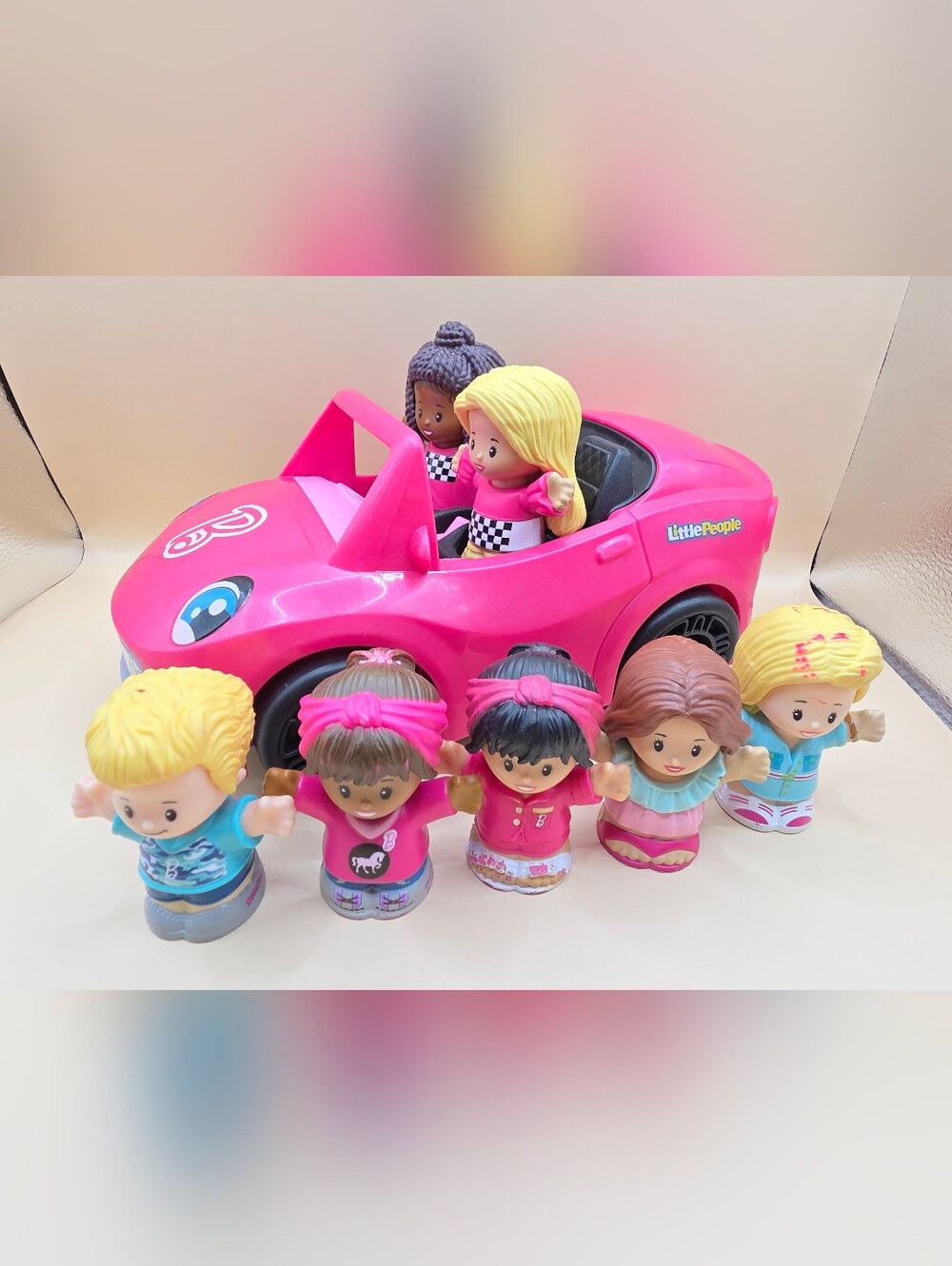 Little People Barbie Convertible Car w Sounds + 7 Figures Ken Fisher Price